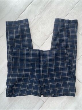 Ann Taylor Kate Fit Navy Blue Windowpane Plaid Straight Leg Trouser Size 10T.